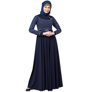 Designer polka dotted Umbrella abaya- Navy Blue